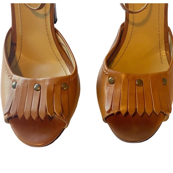 Burberry Kiltie Fringe Heel Ankle Strap Peep Toe Tan/Camel Leather Preppy Sz 40 - Picture 3 of 10